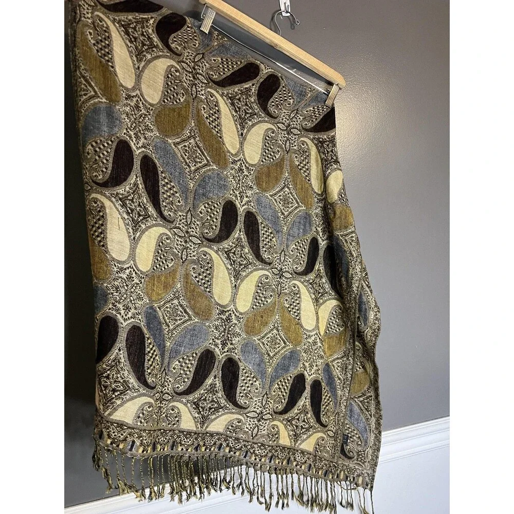 Pashmina Scarf Womens Gold Gray Paisley Cashmere Silk Wrap Shawl Made Italy